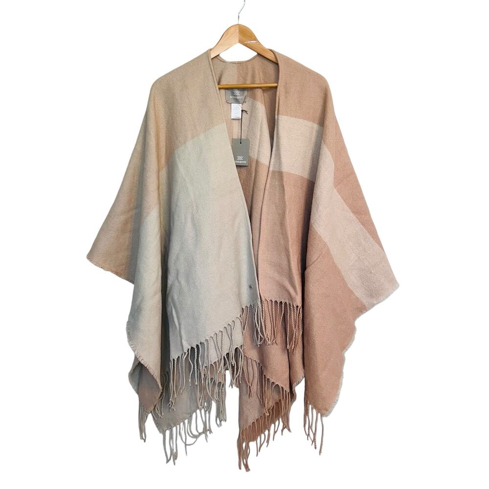 NWT Soia & Kyo Mirel Woven Shawl Fringe Colorblock Wrap Blush Beige Scarfigan